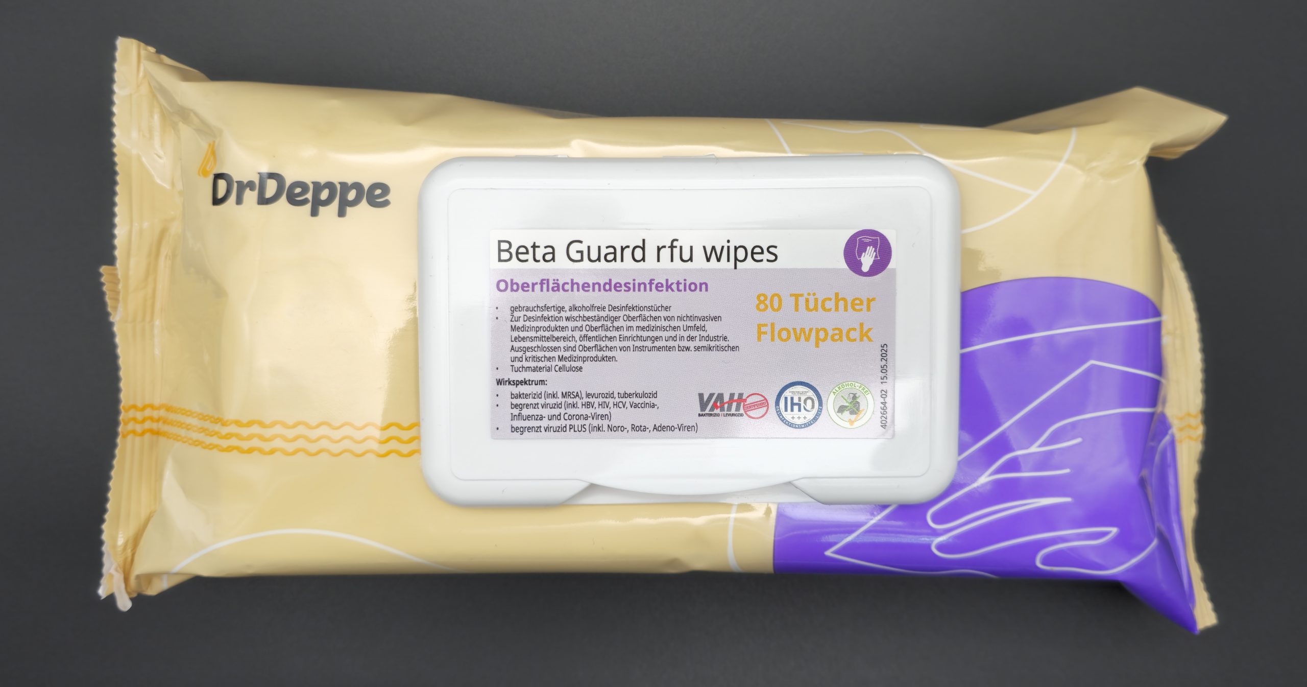 Beta Guard rfu wipes (Cellulose) – Packung alkoholfreier Flächendesinfektionstücher im Flowpack, 80 Tücher (20 × 20 cm)