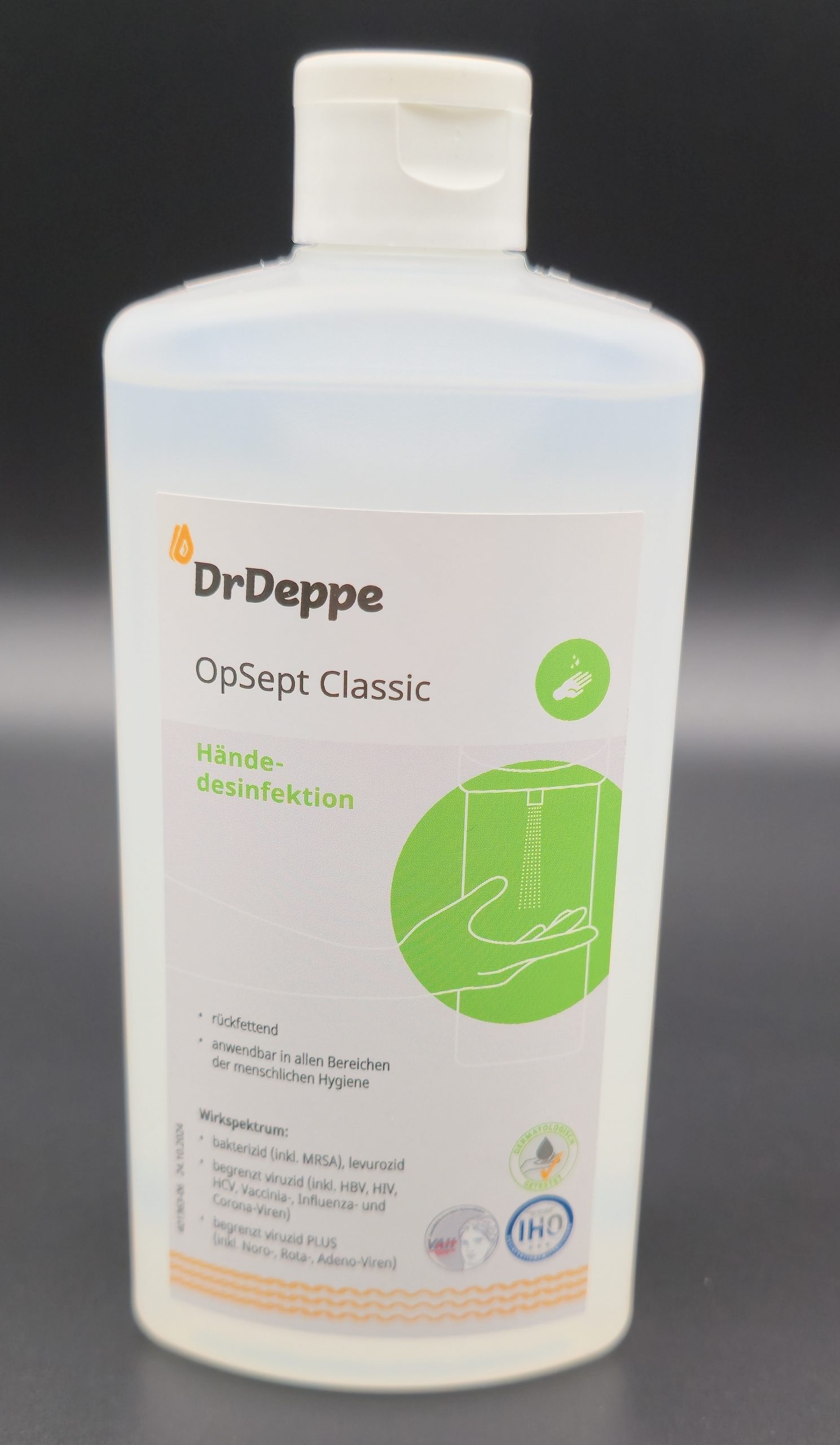 Dr. Deppe OpSept Classic Händedesinfektionsmittel – 500-ml-Flasche mit grün-weißem Etikett