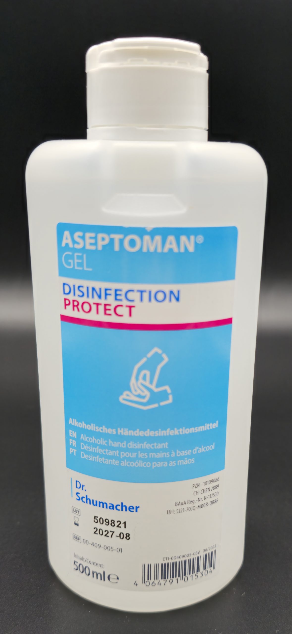 ASEPTOMAN® GEL Händedesinfektionsgel von Dr. Schumacher in 500-ml-Spenderflasche, weißer Behälter mit blauem Etikett