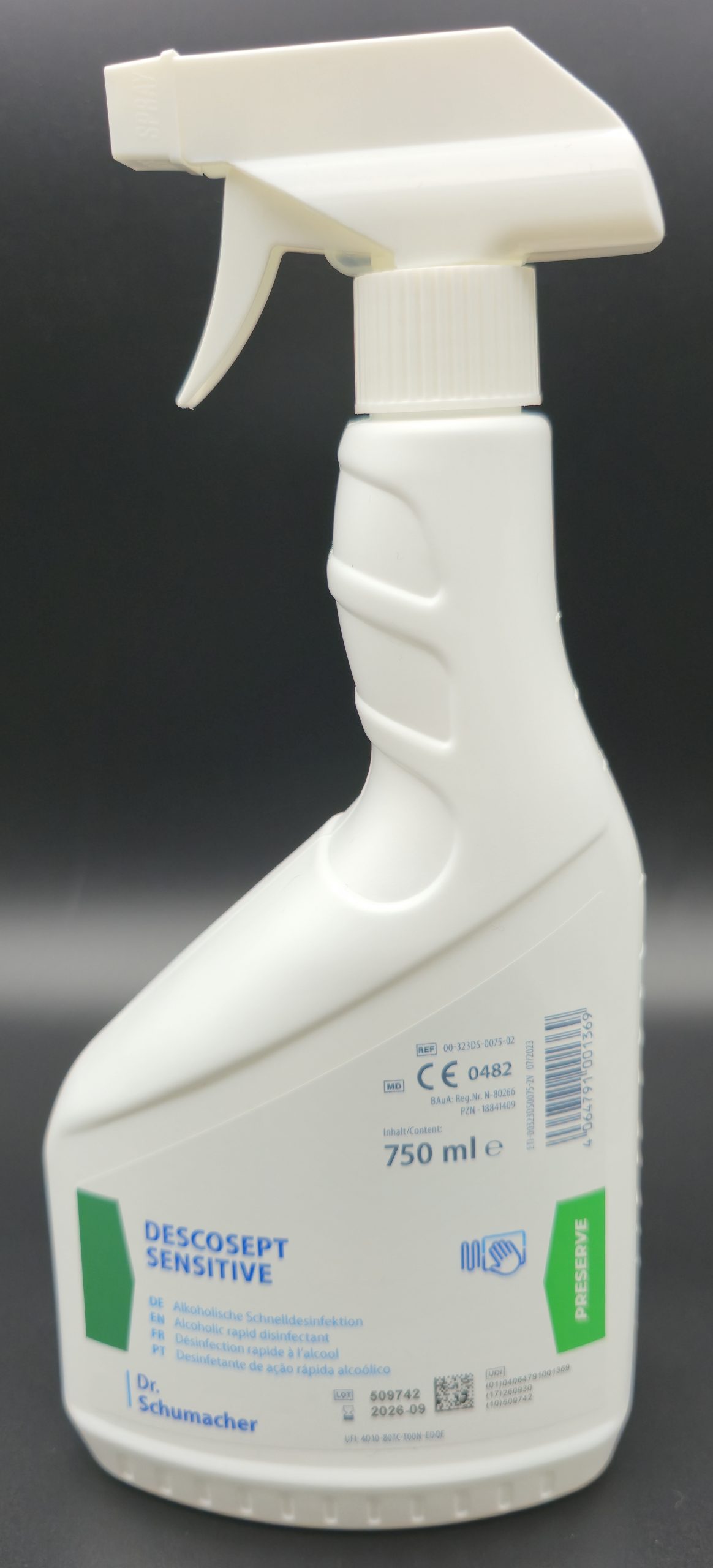 DESCOSEPT® SENSITIVE Sprühflasche 750 ml – gebrauchsfertiges alkoholisches Flächendesinfektionsmittel (Dr. Schumacher)
