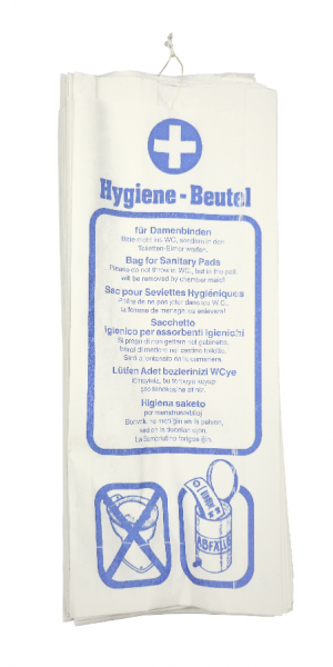 Theracaso Hygienebeutel aus Recyclingpapier – 100 Stück, gefädelt zum Aufhängen | Damen Hygienebeutel für Tampons, Binden & Slipeinlagen | Plastikfrei & umweltfreundlich | Papierbeutel weiß