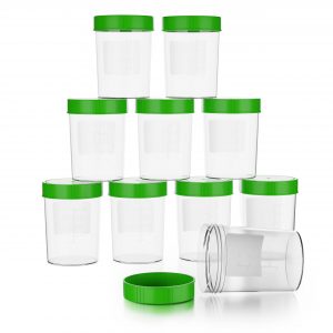 Theracaso Probenbecher Set – 10 Stück à 125 ml – Auslaufsichere Urinbecher mit Schraubdeckel, graduiert bis 100ml, inkl. 40 Etiketten – Für Küche, Basteln, Medizin, Urinproben - beschriftbar