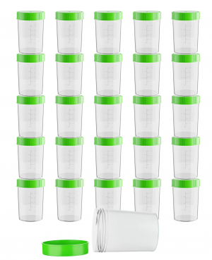 Theracaso Probenbecher Set – 25 Stück à 125 ml – Auslaufsichere Urinbecher mit Schraubdeckel, graduiert bis 100ml, inkl. 40 Etiketten – Für Küche, Basteln, Medizin, Urinproben - beschriftbar