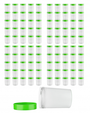 Theracaso Probenbecher Set – 100 Stück à 125 ml – Auslaufsichere Urinbecher mit Schraubdeckel, graduiert bis 100ml, inkl. 120 Etiketten – Für Küche, Basteln, Medizin, Urinproben - beschriftbar