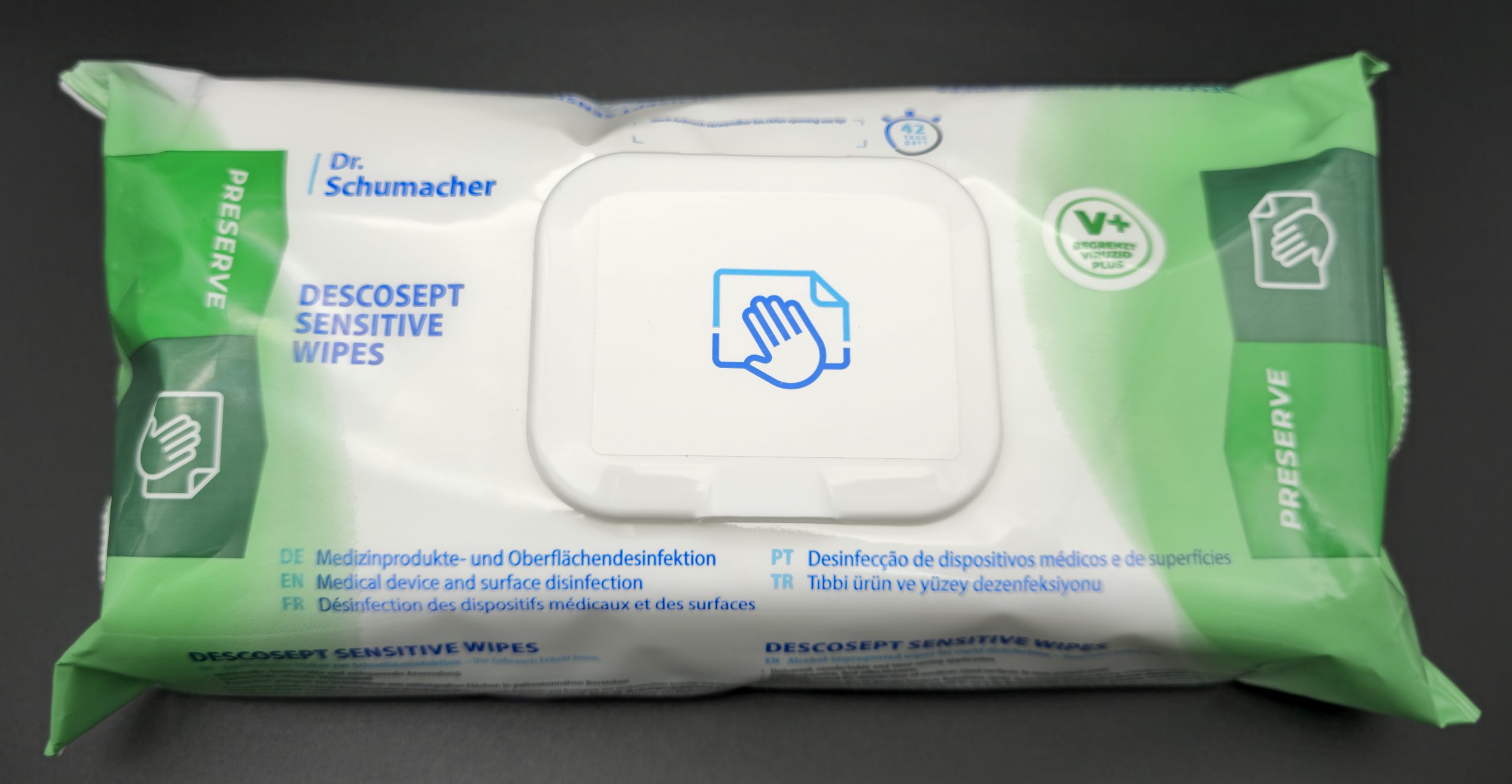 DESCOSEPT® SENSITIVE WIPES – Packung mit wiederverschließbarem Deckel, 60 gebrauchsfertige alkoholische Flächendesinfektionstücher (20 × 22 cm)