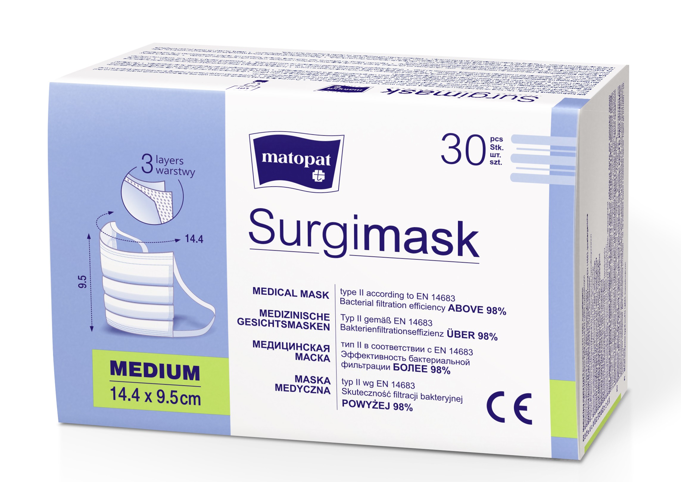 Matopat Surgimask – blaue medizinische Gesichtsmasken Typ II für Kinder, 30 Stück, mit Ohrschlaufen und Nasenbügel