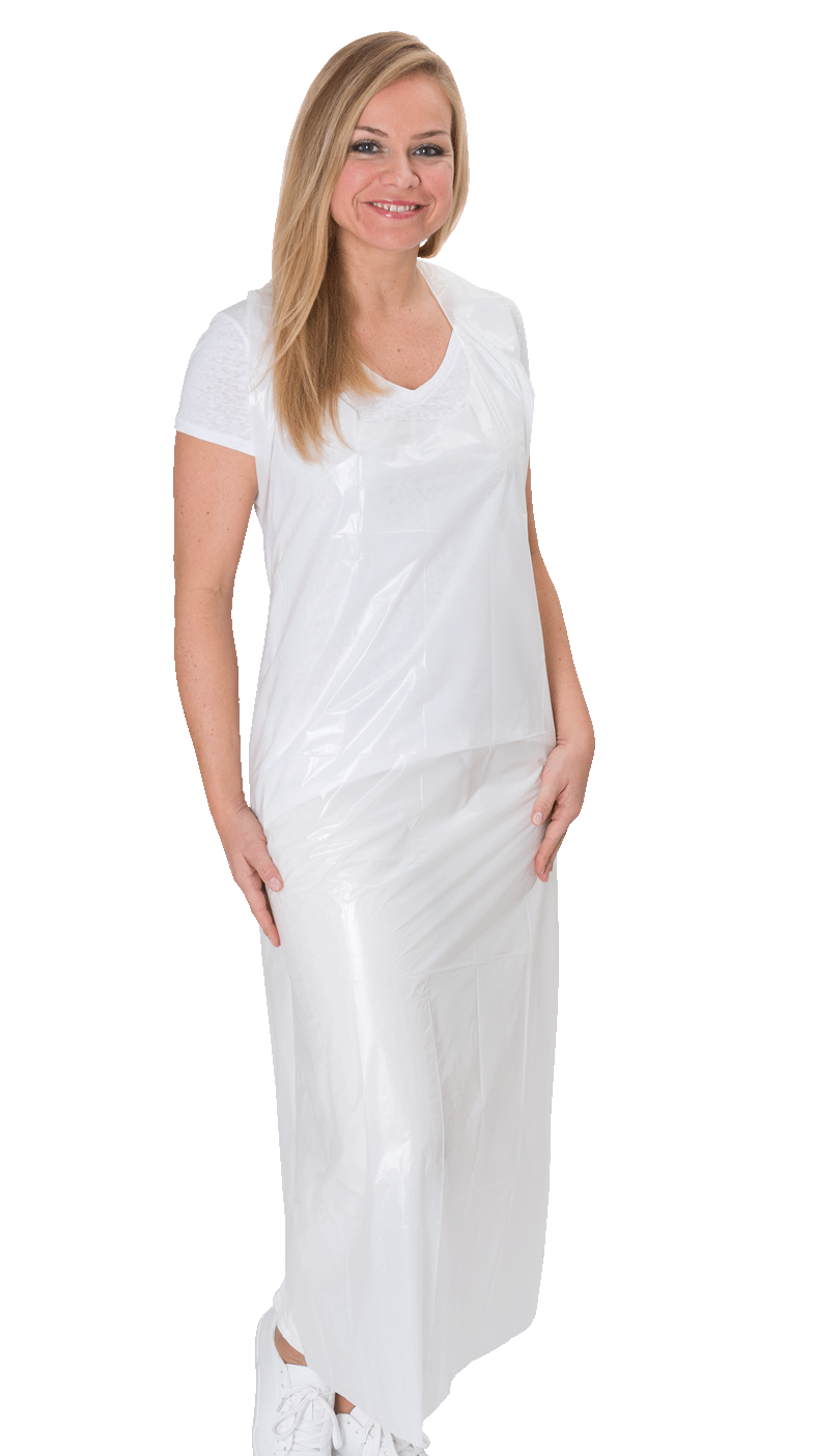 Weiße PE-Schutzschürze, 75×125 cm, geprägt, mit Nackenband und Taillenbändern – Einweg