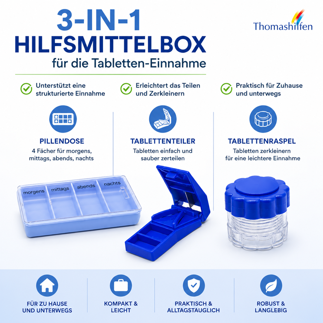 Thomashilfen Tablettenteiler Set, Pillenteiler, Tablettenzerkleinerer und Pillendose, 4-Fach Tablettendispenser für die Tabletten-Einnahme, 1 Set – Bild 2