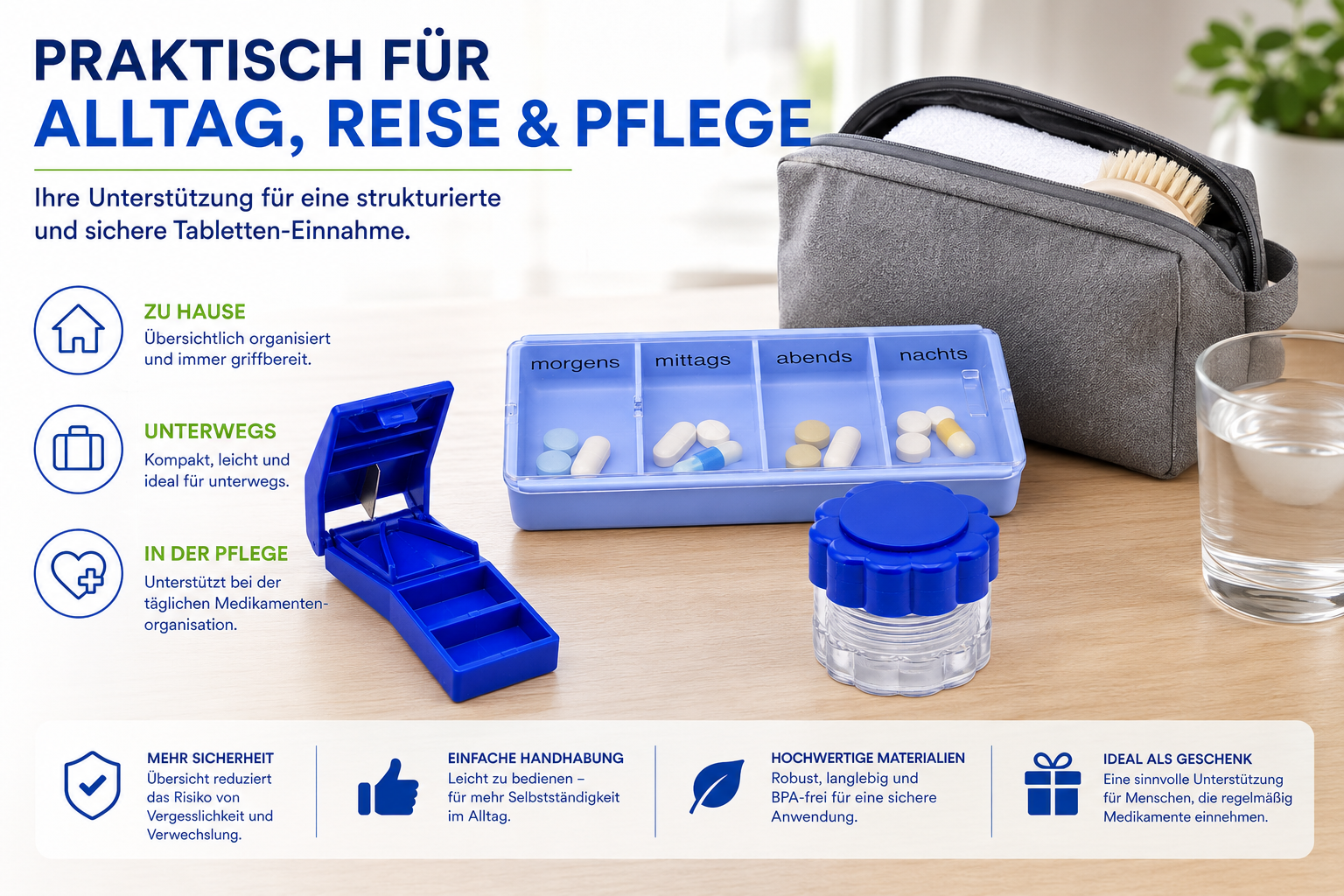 Thomashilfen Tablettenteiler Set, Pillenteiler, Tablettenzerkleinerer und Pillendose, 4-Fach Tablettendispenser für die Tabletten-Einnahme, 1 Set – Bild 3