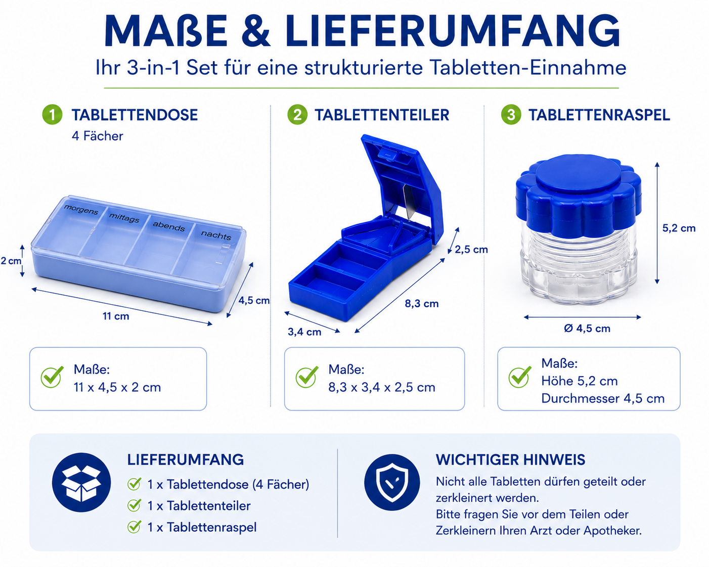 Thomashilfen Tablettenteiler Set, Pillenteiler, Tablettenzerkleinerer und Pillendose, 4-Fach Tablettendispenser für die Tabletten-Einnahme, 1 Set – Bild 4