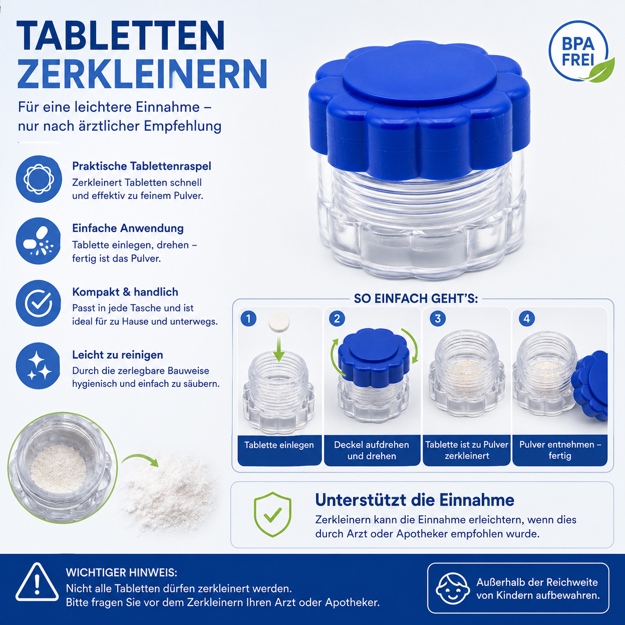 Thomashilfen Tablettenteiler Set, Pillenteiler, Tablettenzerkleinerer und Pillendose, 4-Fach Tablettendispenser für die Tabletten-Einnahme, 1 Set – Bild 5