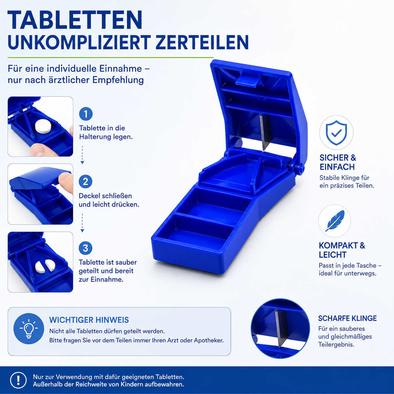 Thomashilfen Tablettenteiler Set, Pillenteiler, Tablettenzerkleinerer und Pillendose, 4-Fach Tablettendispenser für die Tabletten-Einnahme, 1 Set – Bild 6