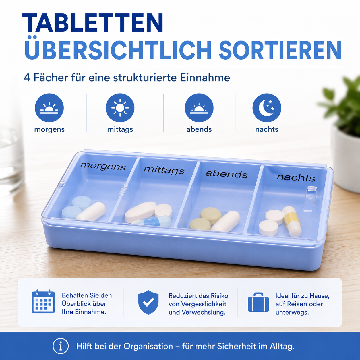 Thomashilfen Tablettenteiler Set, Pillenteiler, Tablettenzerkleinerer und Pillendose, 4-Fach Tablettendispenser für die Tabletten-Einnahme, 1 Set – Bild 7