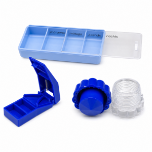Thomashilfen Tablettenteiler Set, Pillenteiler, Tablettenzerkleinerer und Pillendose, 4-Fach Tablettendispenser für die Tabletten-Einnahme, 1 Set